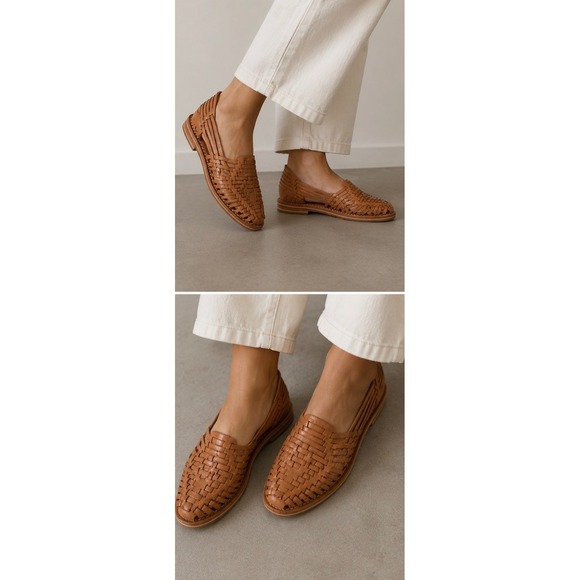Handmade Shoes - Handmade Mexican Leather Huarache Sandals Tan Woven Flat Slip On Shoes Women